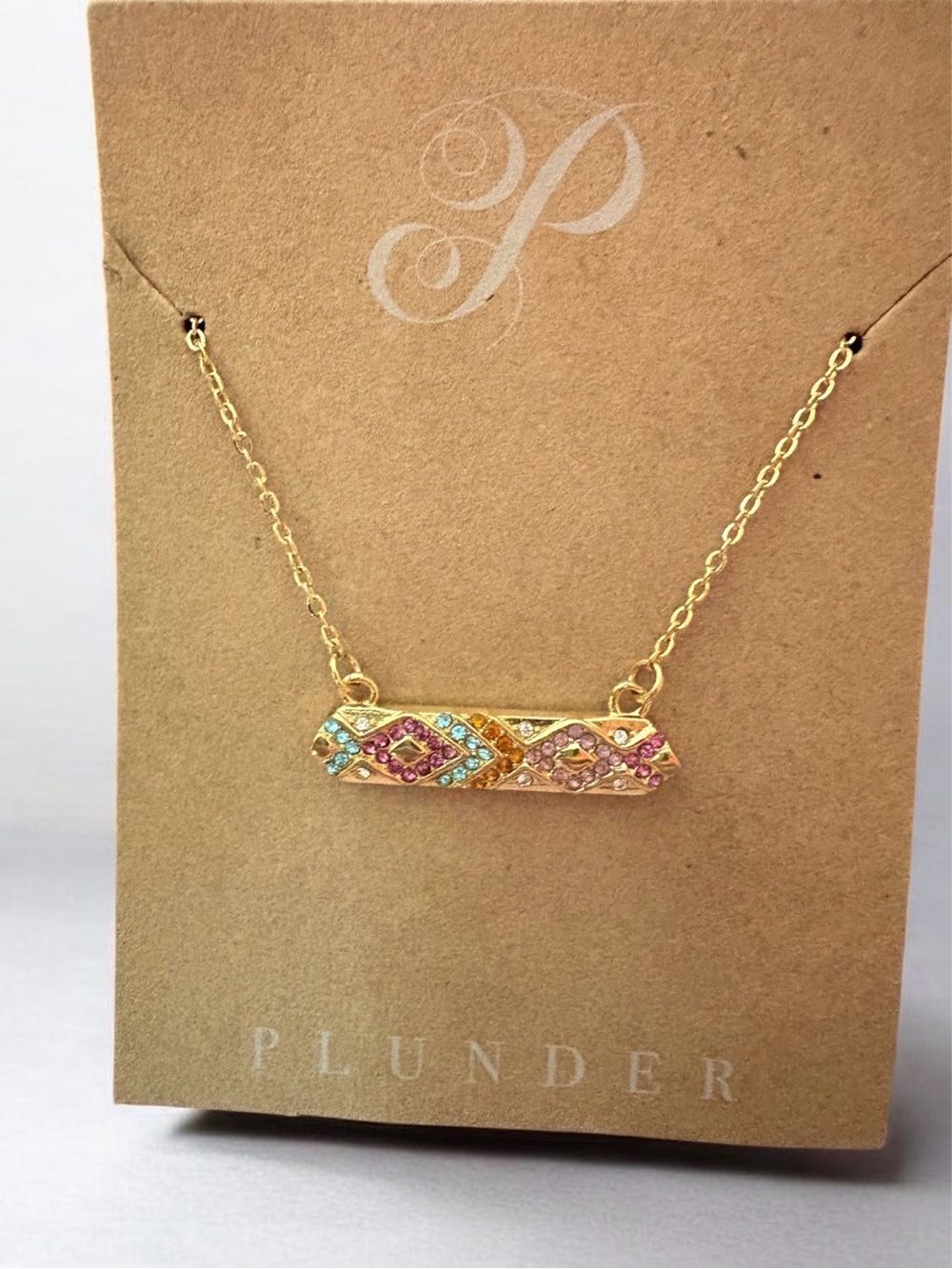 Plunder Gold Bar Necklace with Multicolor Gem Accents (v)